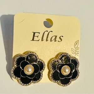 Ella Black Camellia Flower Pearl Stud Earrings